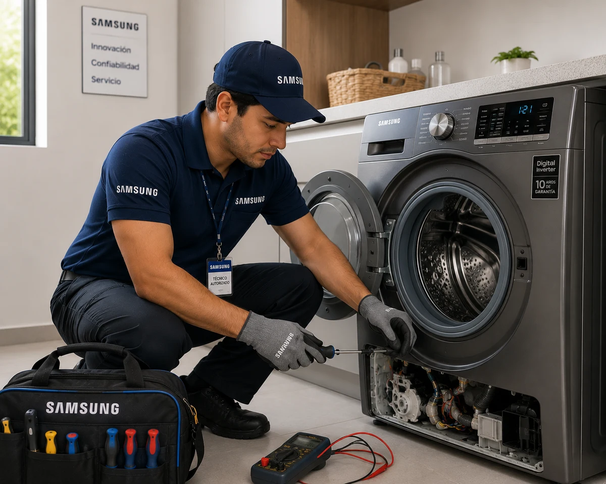 Instalador autorizado de Samsung realizando la puesta a punto de una lavadora de carga frontal en Costa Rica