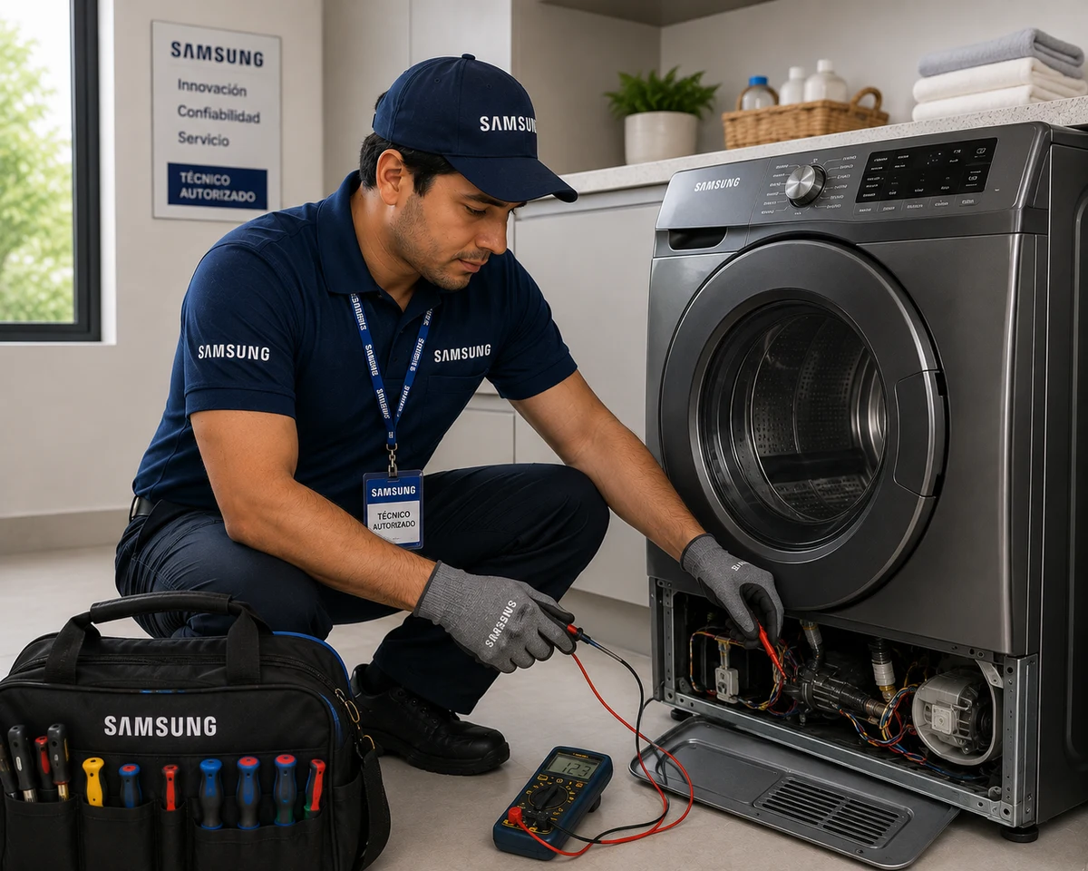 Técnico calificado de Samsung ejecutando protocolos de calibración y análisis de voltaje en refrigeración avanzada en Costa Rica